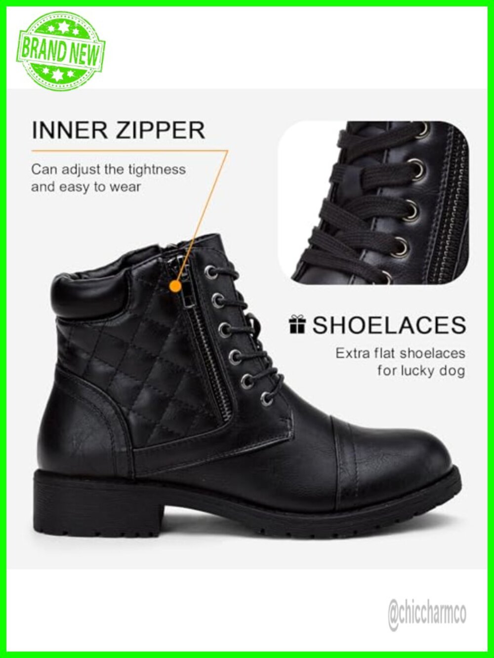 Wide Width Faux Leather Combat Ankle Boots Low Heel Lace Up Zipper - Picture 4 of 6